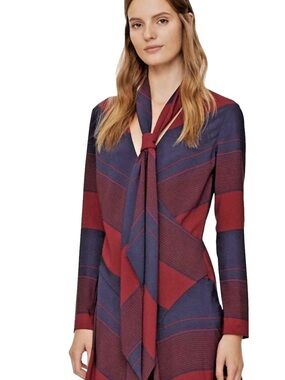Tory Burch Lyon Navy/Burgundy Stripe Runway Long Sleeve Faux Wrap Dress Sz. 0